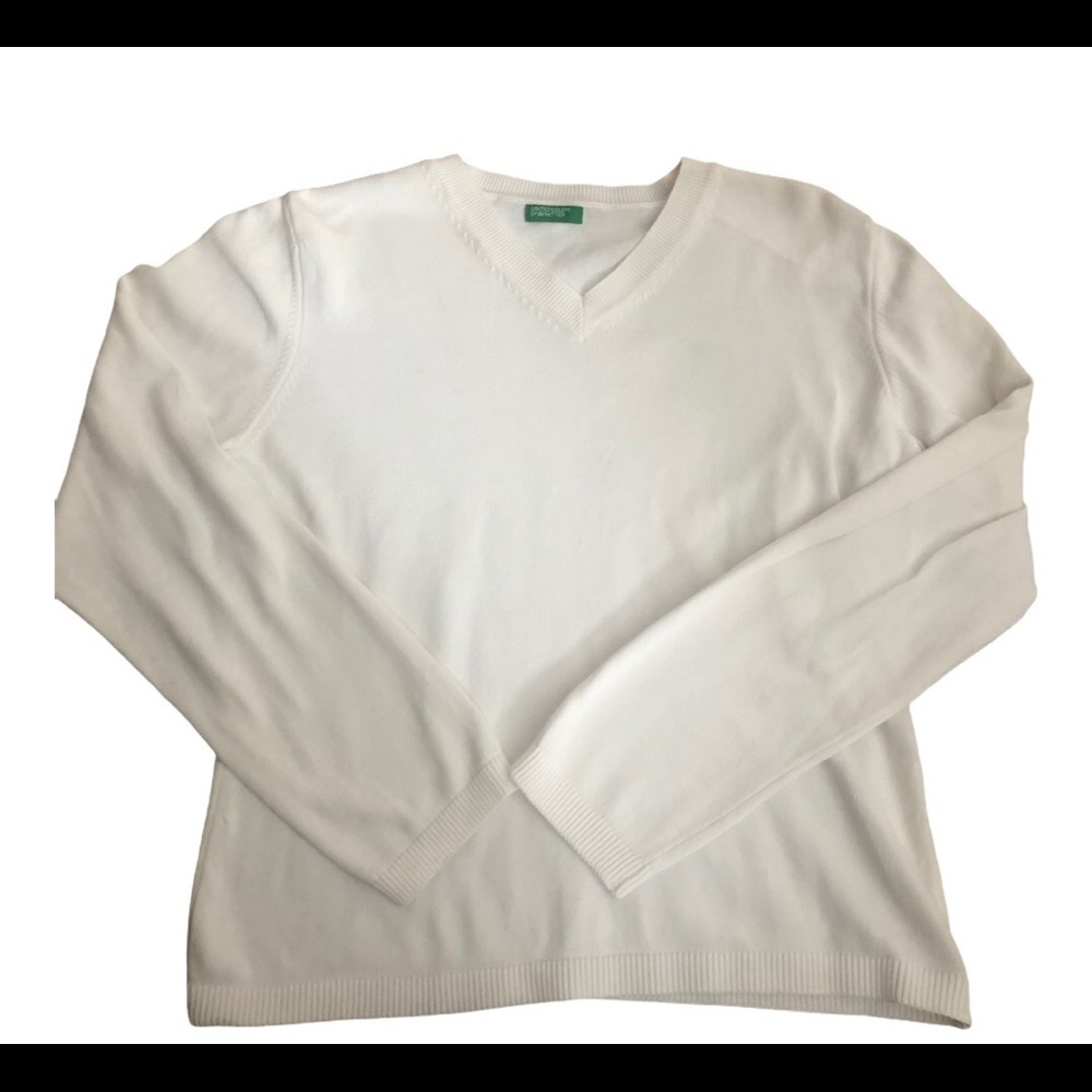 United Colors Of Benetton White V Neck Sweater Size S/M Cotton Stretch Casual